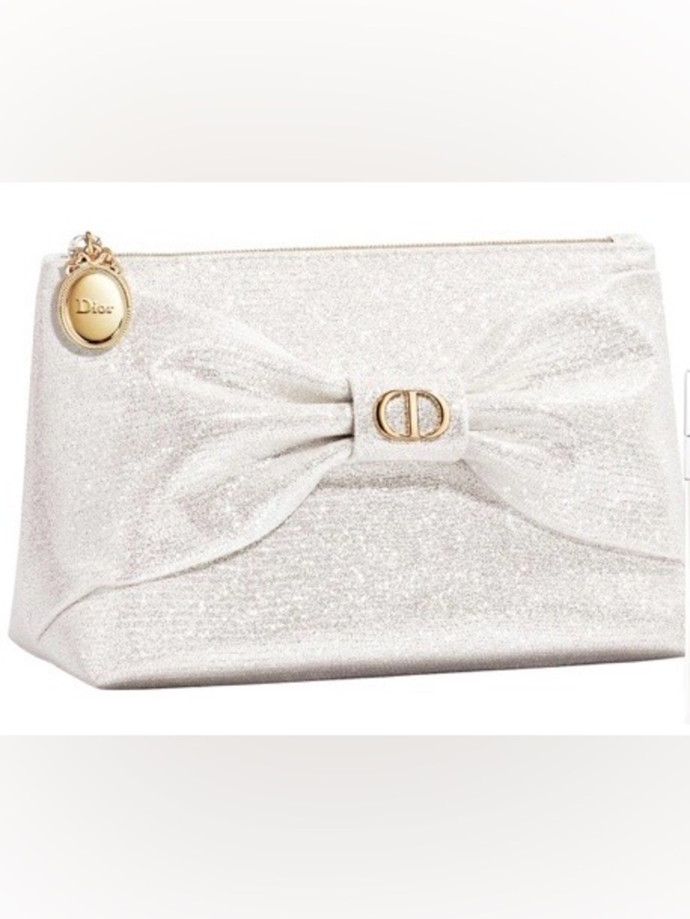 Dior Shimmery White Bow Cosmetic Pouch with Gold CD Charm Holiday Edition